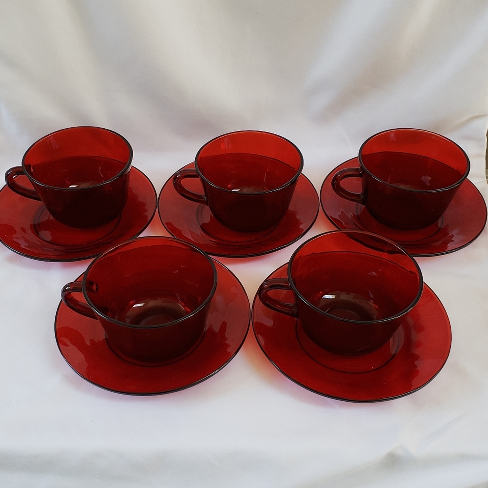 VINTAGE! Set of 5 Ruby Red Cups and Saucers/Plates